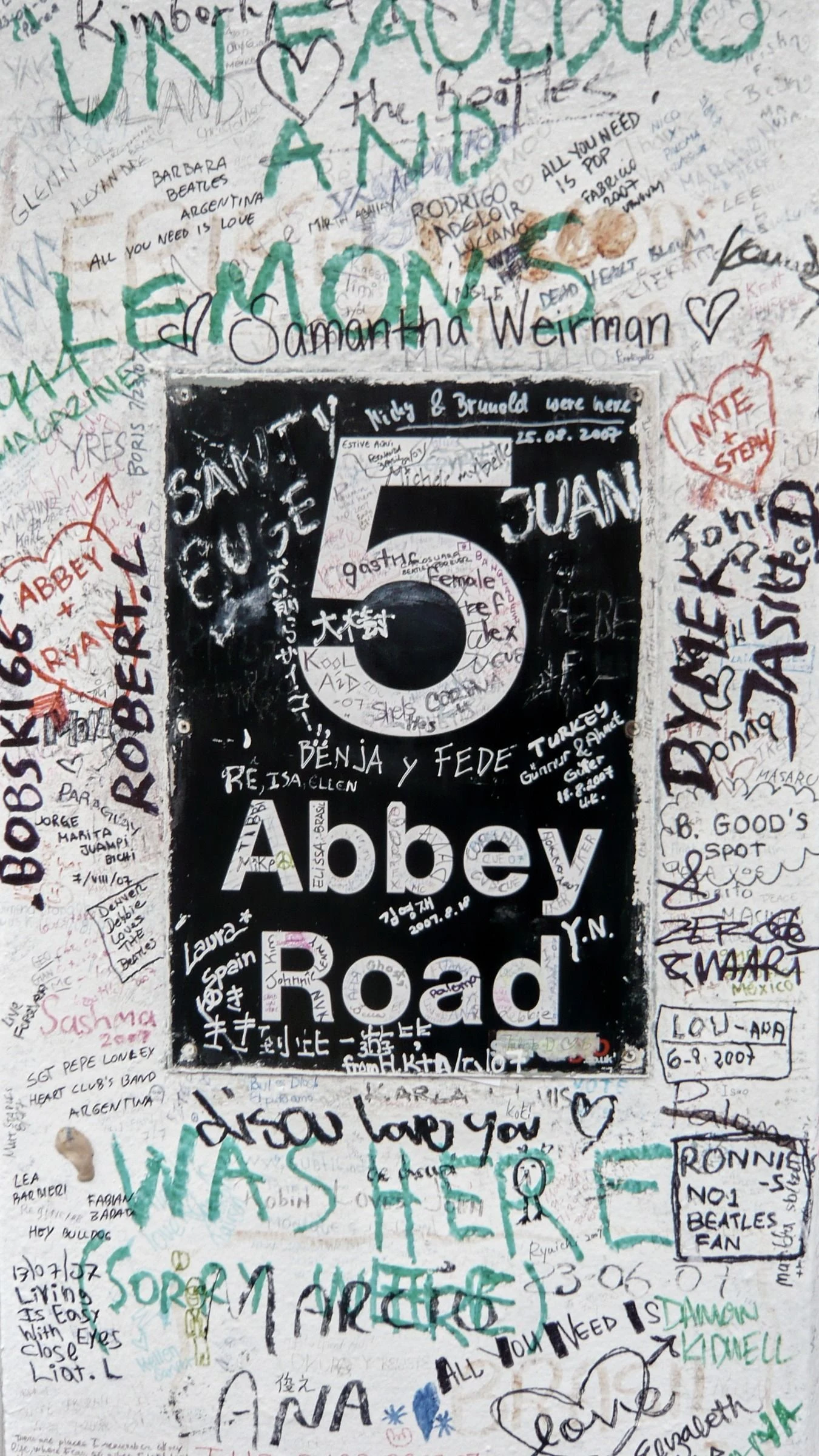 A small Abbey Road sign surrounded by writing